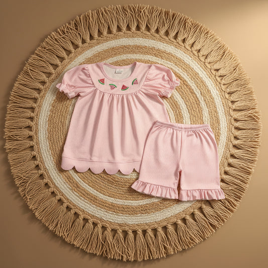 pink stripes watermelon embroidery scallop shorts set girl clothing