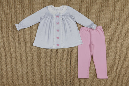 stripes pink bow embroidery legging set girls outfit