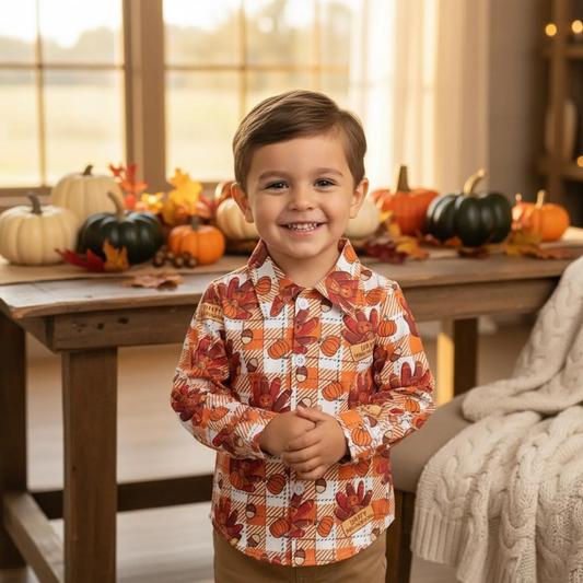 BT0255 Turkey Pumpkin Pine Nut Orange Plaid Long Sleeve Top