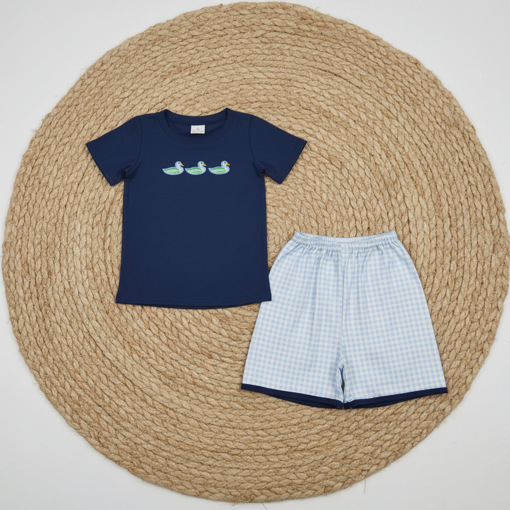 navy blue embroidery boy shorts set kids clothes