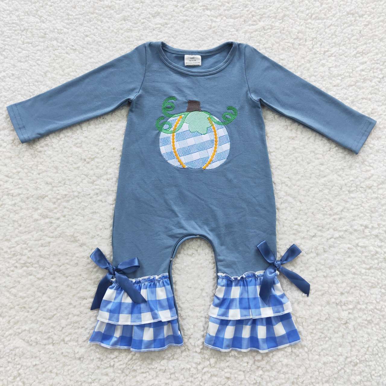 LR0318 Girls Embroidered Pumpkin Blue Plaid Lace Bow Long Sleeve Bodysuit