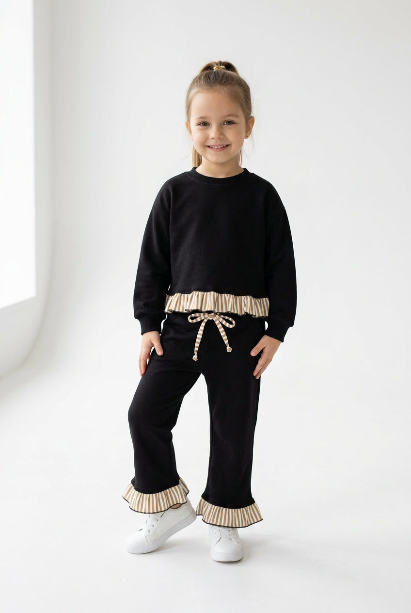 solid black outfit with ruffle striped trim girls clothing