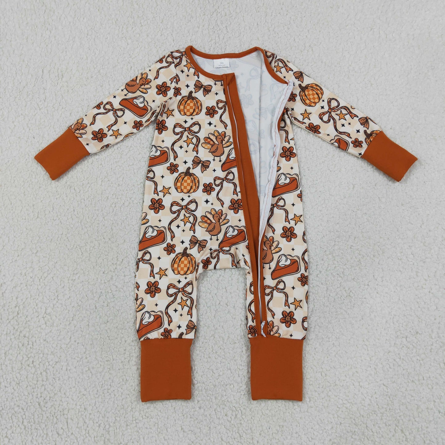 LR3119 brown long sleeve pumpkin pie turkey bow zipper sleeper baby clothing