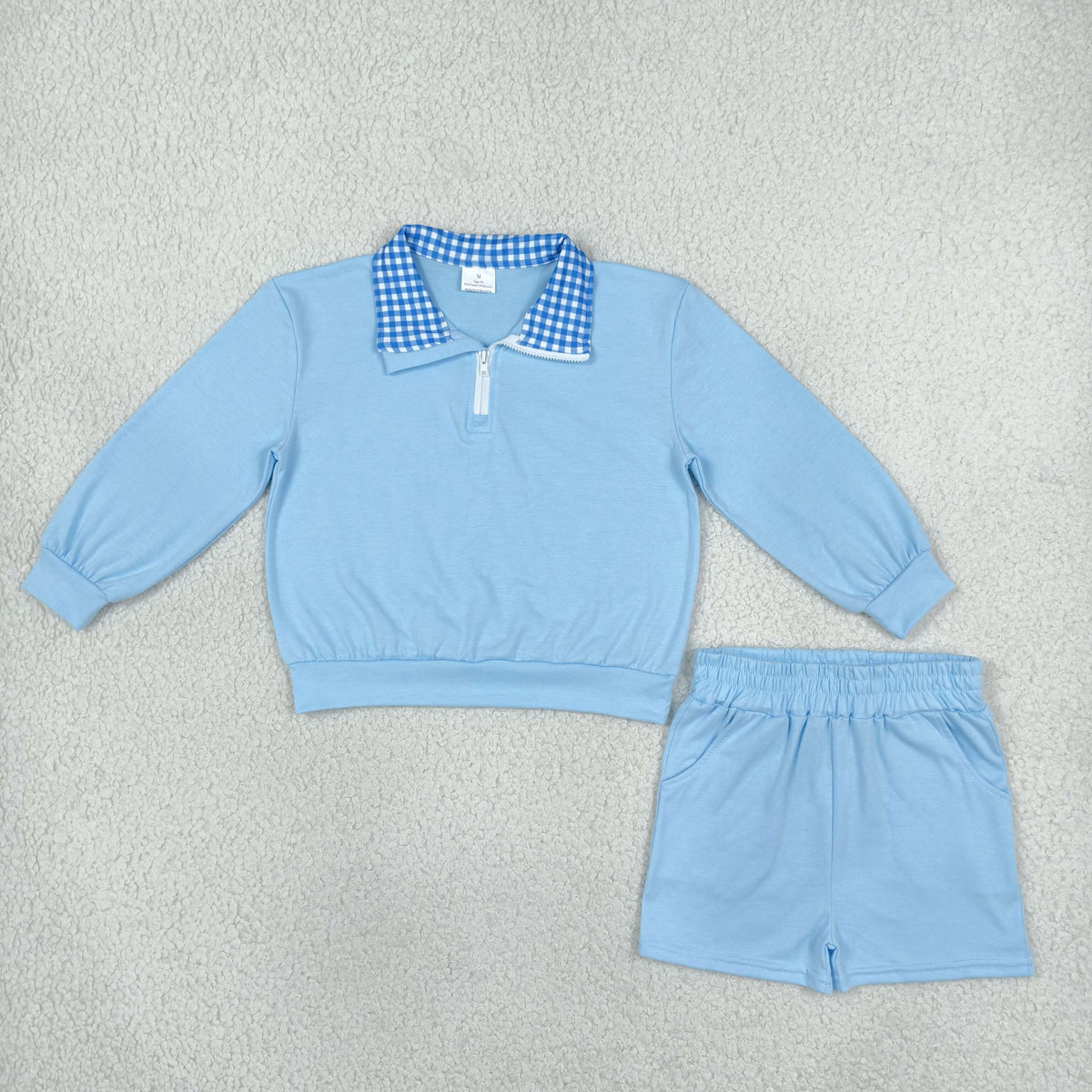 cotton blue zip up pullover shorts set