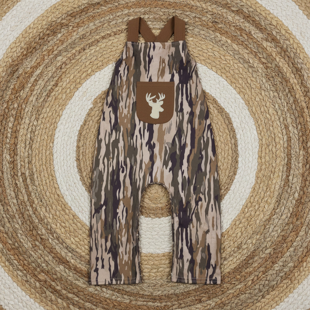 strap deer embroidery camo romper