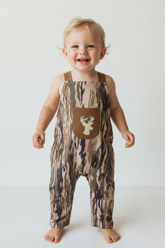 strap deer embroidery camo romper
