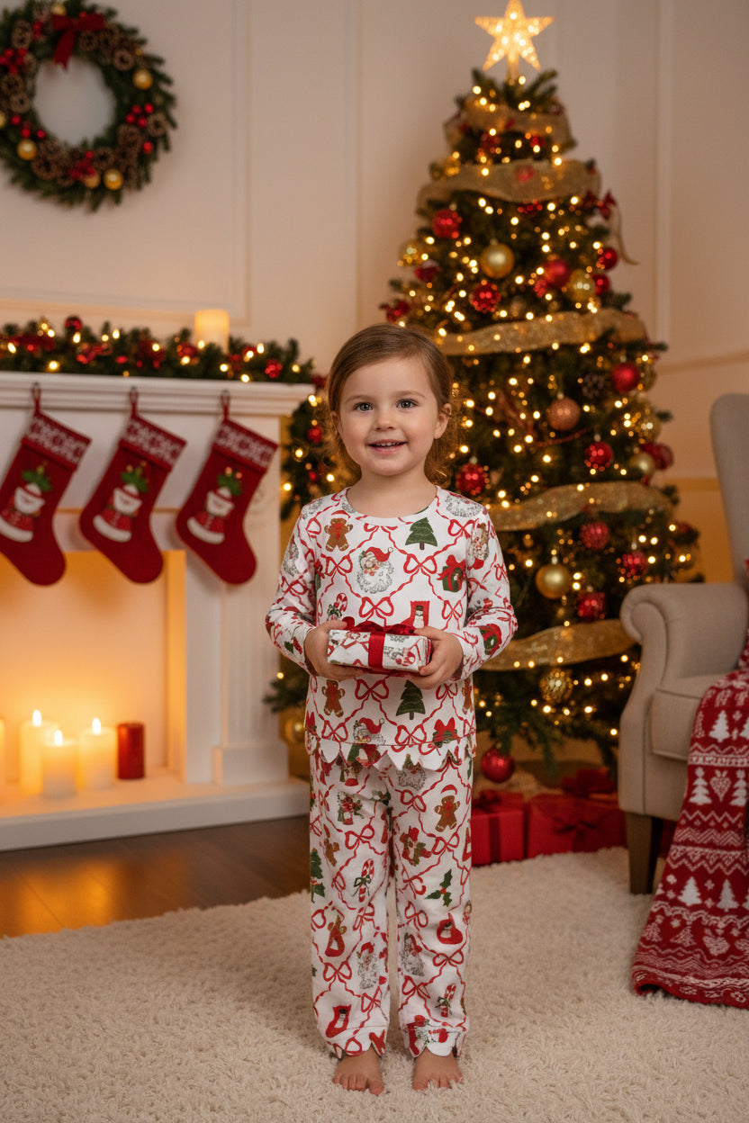 vintage santa coquette bow trellis Christmas girl scallop outfit