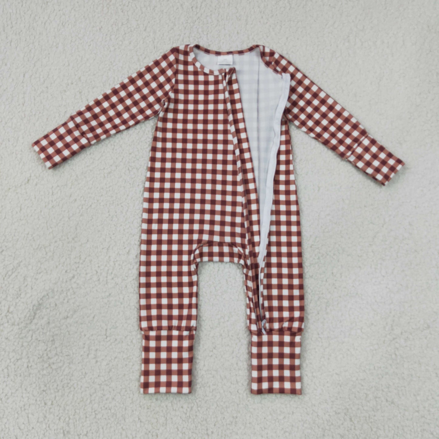 LR3113 long sleeve chocolate gingham zipper sleeper baby clothing