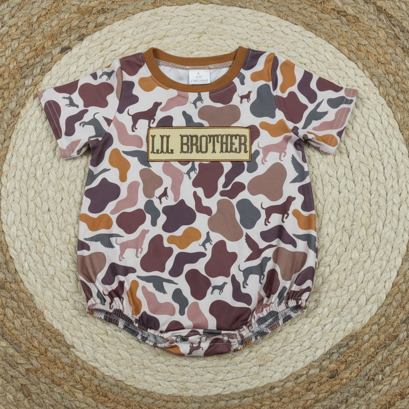 hunting camo lil brother embroidery bubble baby boy clothing
