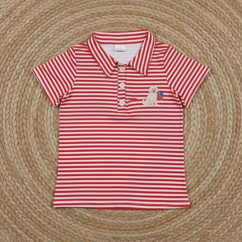 dog flag print red stripes button up t-shirt boy clothing