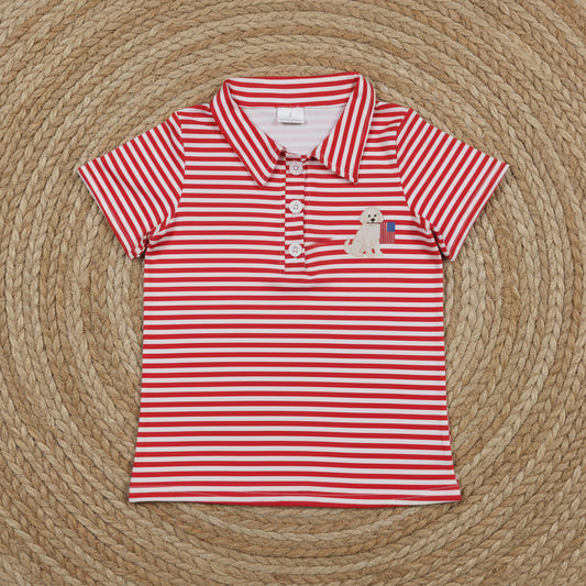 dog flag print red stripes button up t-shirt boy clothing