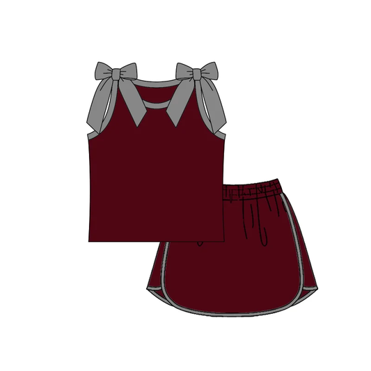 Custom order MOQ 5 Baby Girls Grey Maroon Bow Skort Clothes Sets