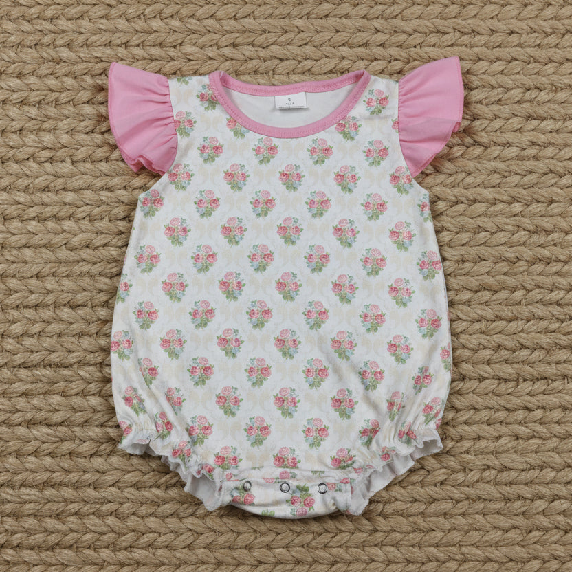 SR3677 pink flutter sleeve summer flower bubble romper baby clothes