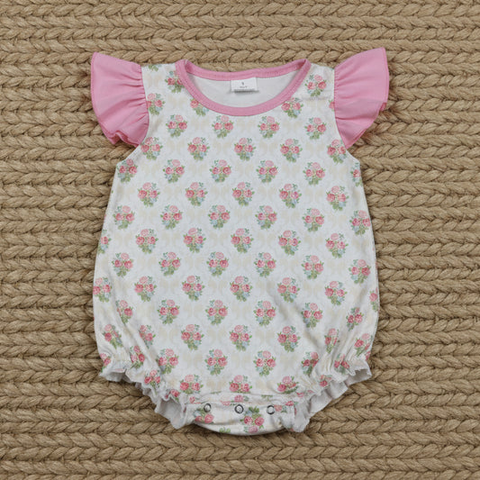 SR3677 pink flutter sleeve summer flower bubble romper baby clothes