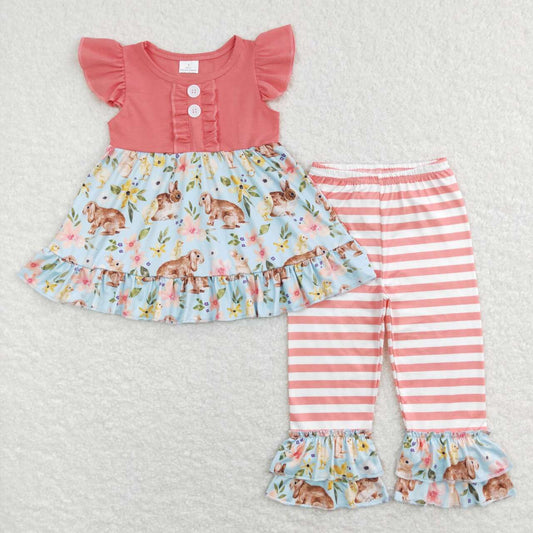 GSPO1132 Rabbit flower pink blue short-sleeved striped trousers suit