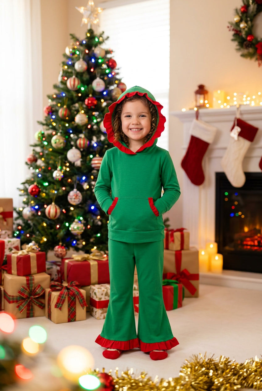 GLP3751 baby girls Christmas solid green long sleeves ruffle hooded outfits