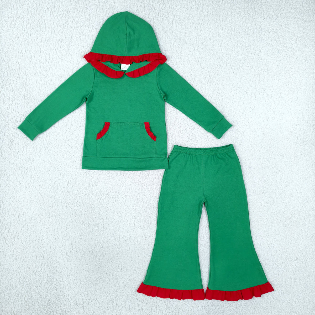 GLP3751 baby girls Christmas solid green long sleeves ruffle hooded outfits