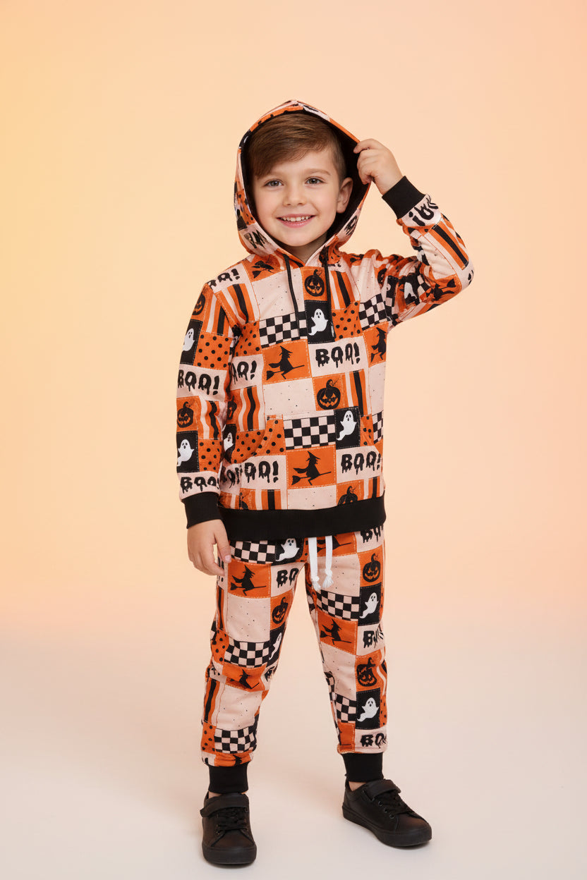 Children's Halloween Pumpkin, Ghost & "BOO!" Patchwork Print Hoodie and Jogger Set