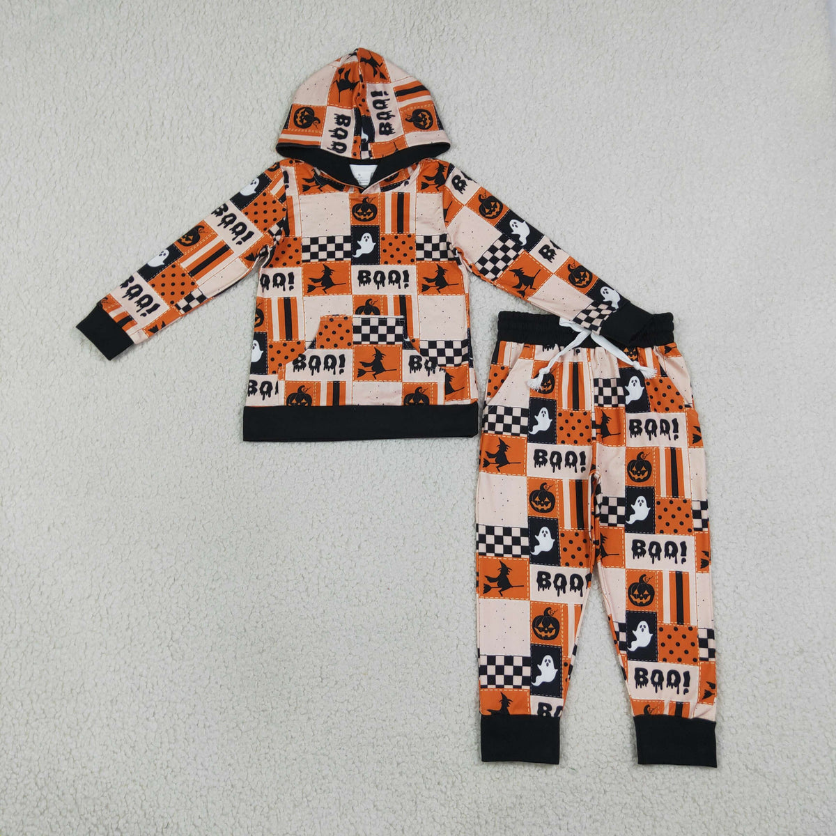 Children's Halloween Pumpkin, Ghost & "BOO!" Patchwork Print Hoodie and Jogger Set