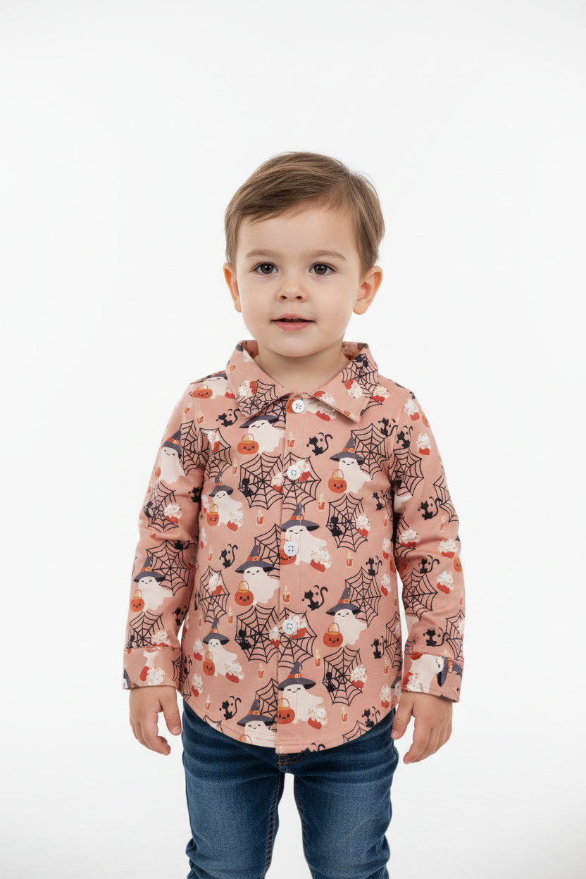Halloween cat spider web flat long sleev button down shirt boy clothes