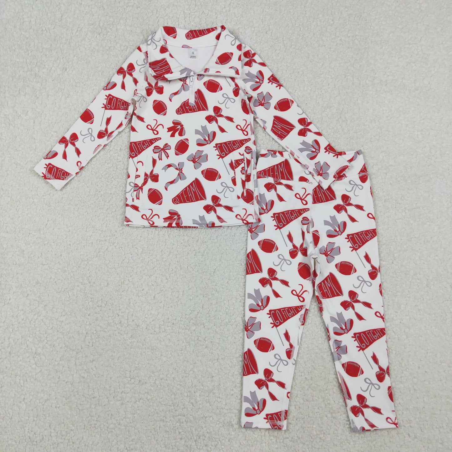 GLP2860 Baby Girls Red Bows Footballs Go Teams Pullovers Leggings Yoga Active Clothes Set