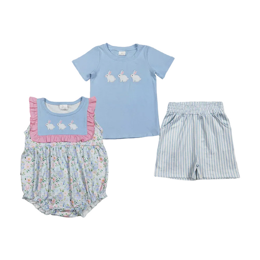 Sibling white rabbit embroidery bubble and shorts set