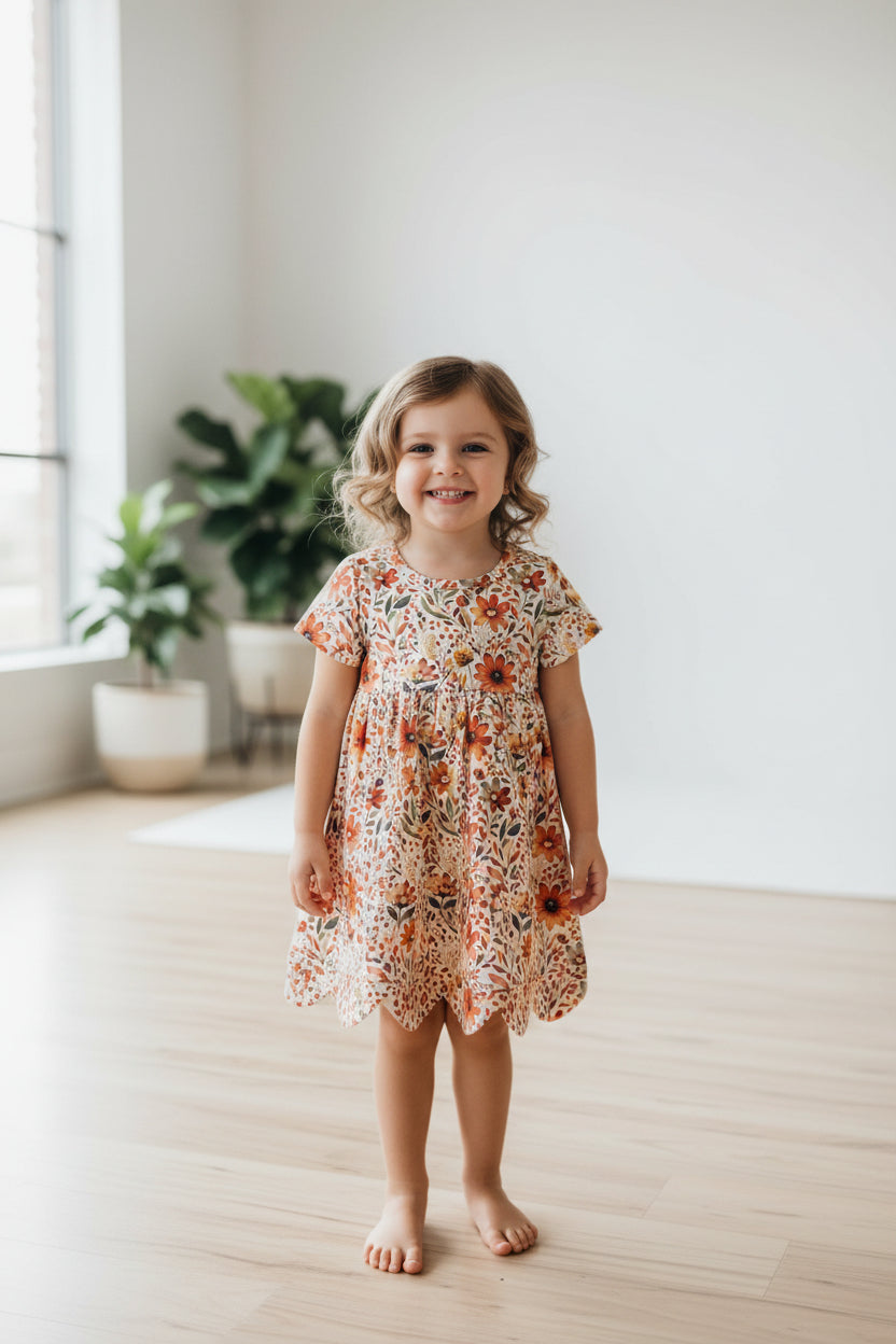 short sleeve floral scallop dress