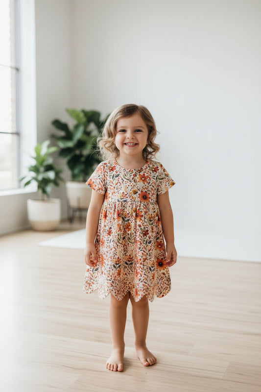 short sleeve floral scallop dress