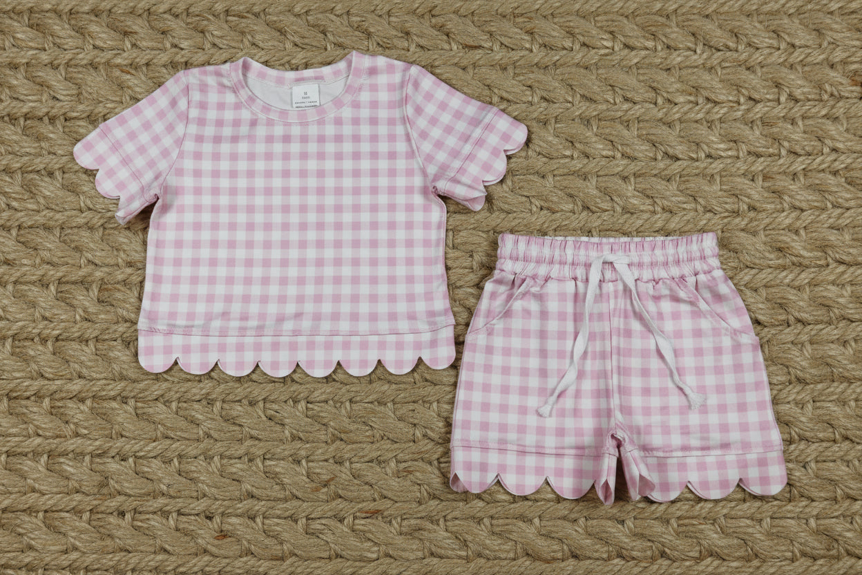 pink plaid gingham scallop shorts set summer clothing