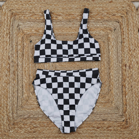 adult clothing black checkered women swimsuit two pieces swim set bikini