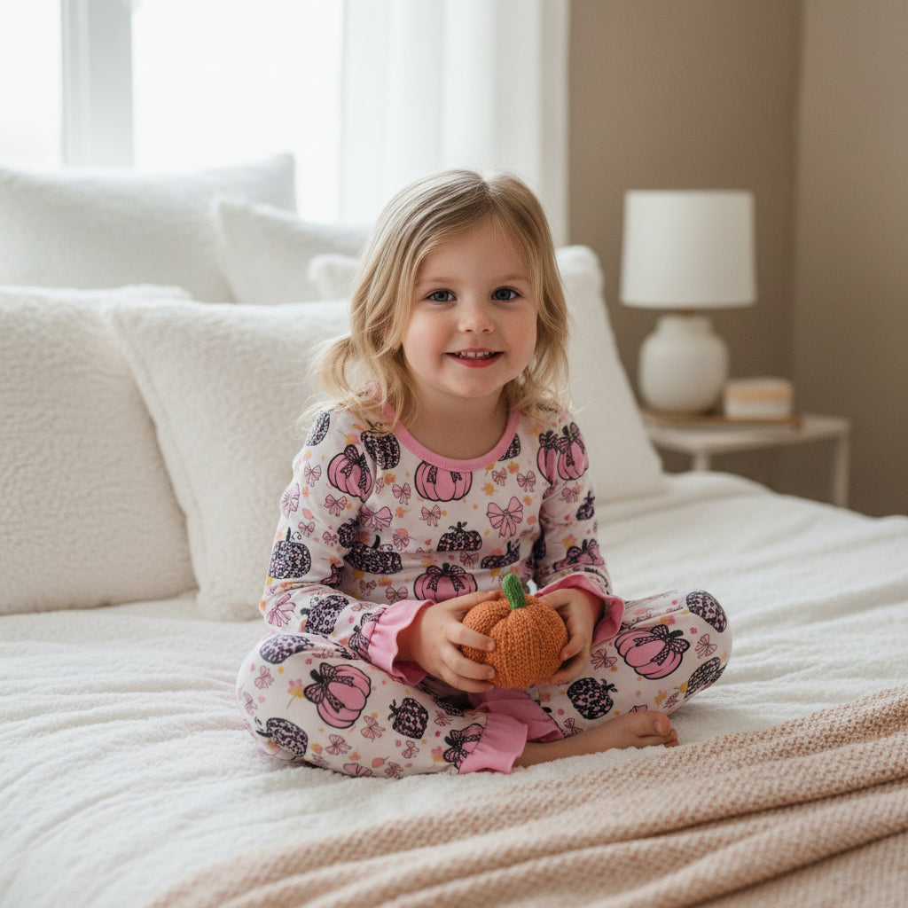 long sleeve bow leopard pumpkin ruffle two pieces fall girl pajamas