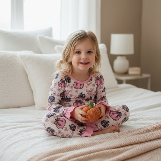 long sleeve bow leopard pumpkin ruffle two pieces fall girl pajamas
