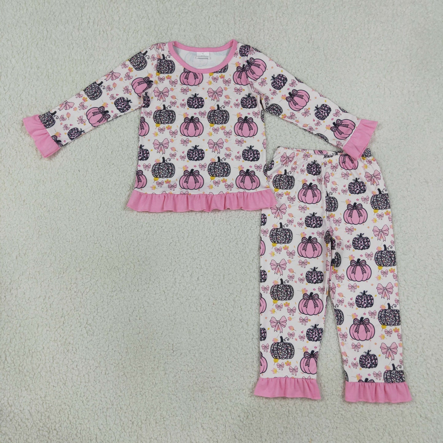long sleeve bow leopard pumpkin ruffle two pieces fall girl pajamas