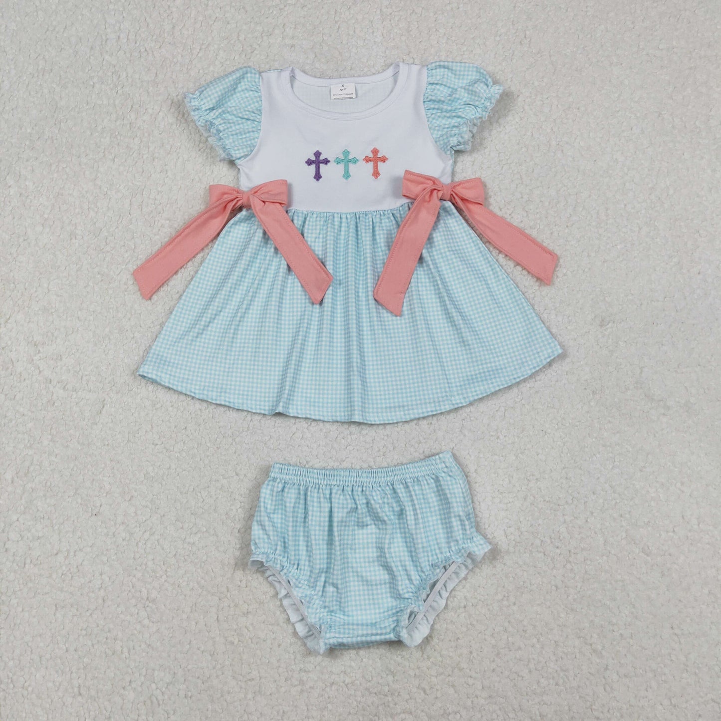 GBO0480 Embroidery Crosses Baby Girls Bows Tunic Bummies Easter Clothes Sets D 1030
