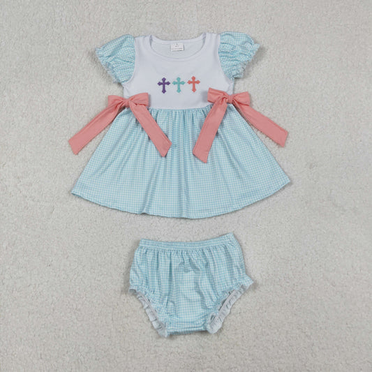 blue gingham embroidery jesus cross bummie set