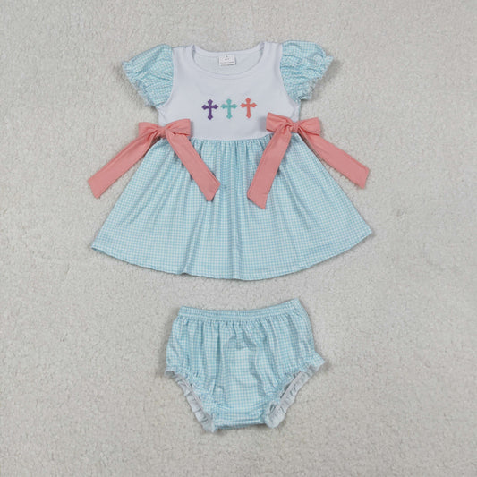 GBO0480 Embroidery Crosses Baby Girls Bows Tunic Bummies Easter Clothes Sets D 1030