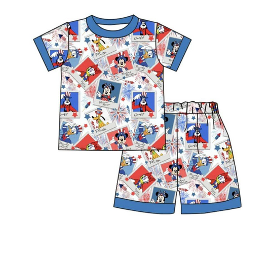 presale SSO0879 Fireworks Blue and White Short Sleeve Shorts Pajama Set