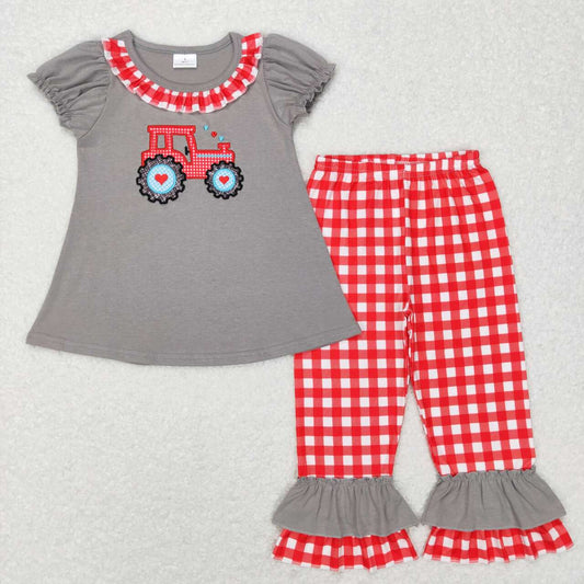 GSPO0972 Embroidered love tractor lace short-sleeved red and white plaid trousers suit