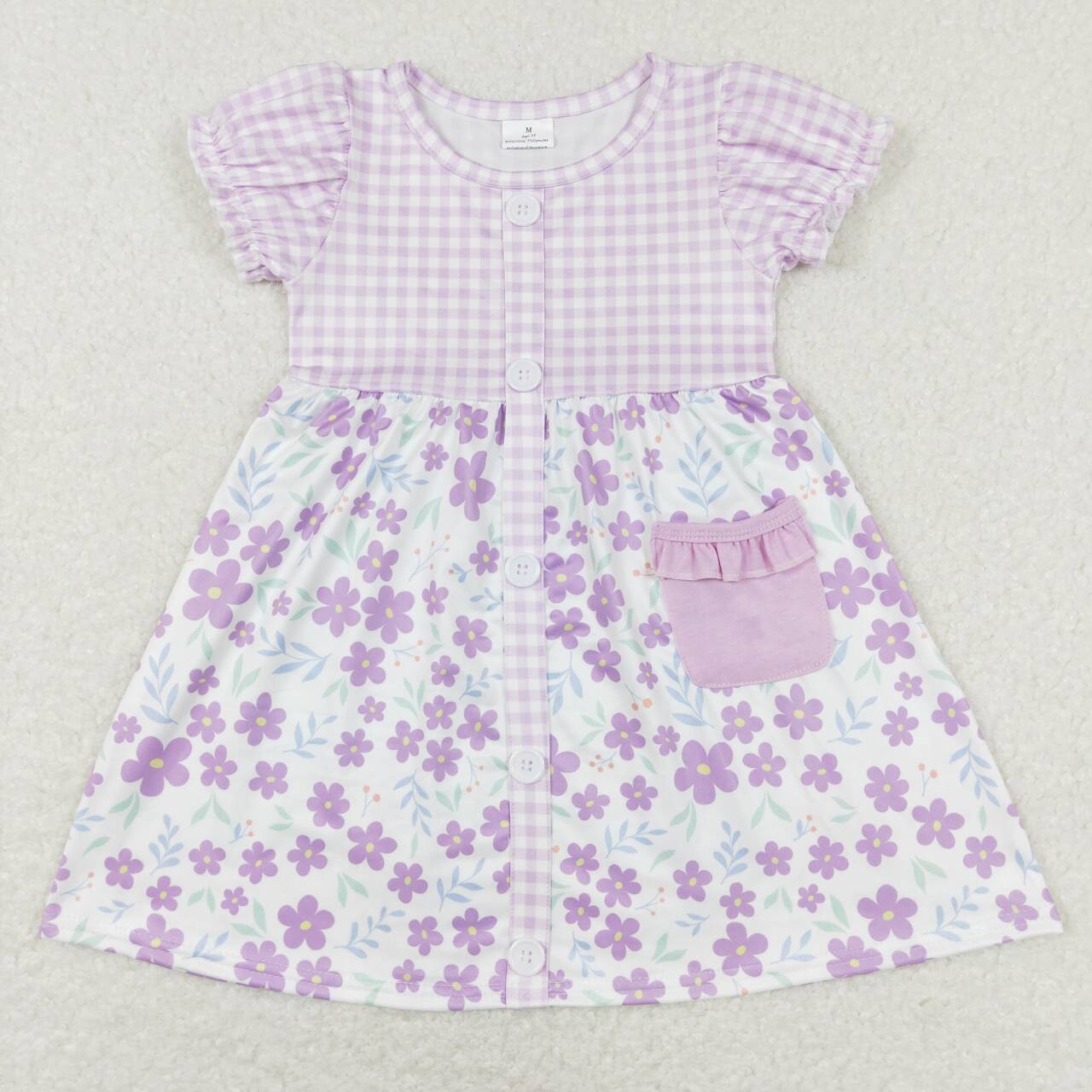 GSD0577 Floral Purple and White Plaid Button Short Sleeve Dress