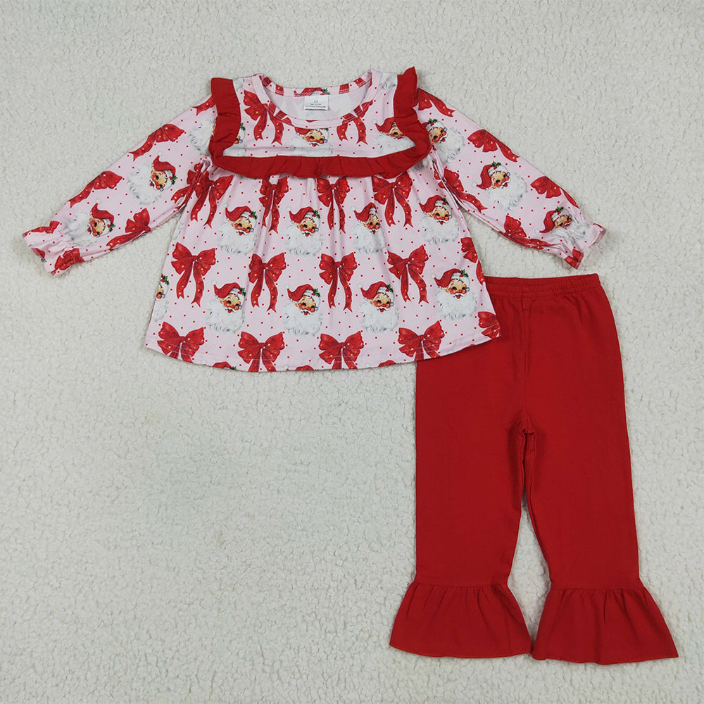 GLP2347 Baby Girls Long Sleeves Red Santa Bows Tunic Ruffle Pants Set