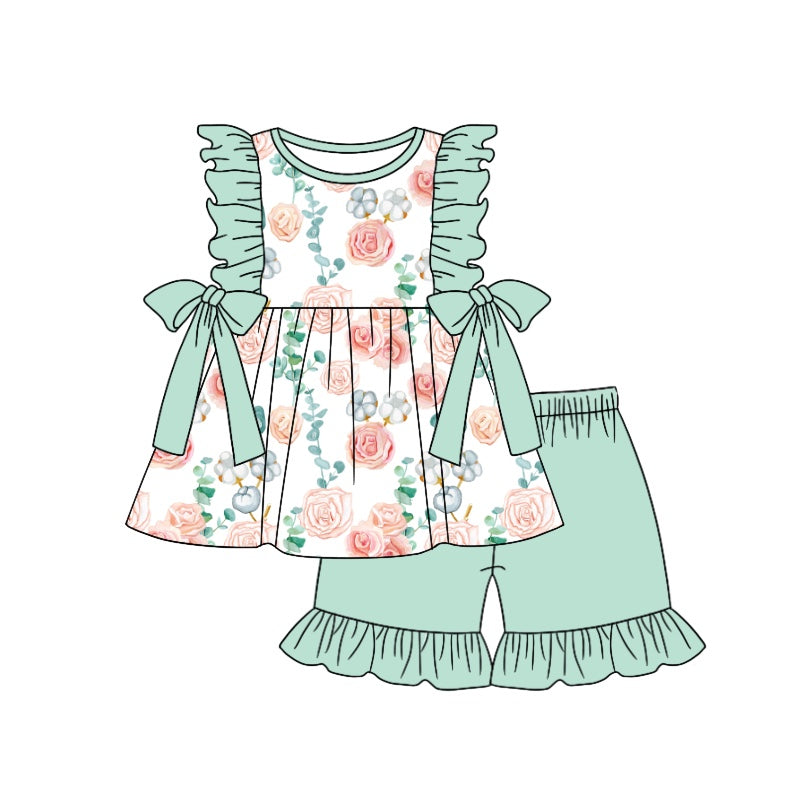 GSSO1004 Floral green lace bow sleeveless shorts suit
