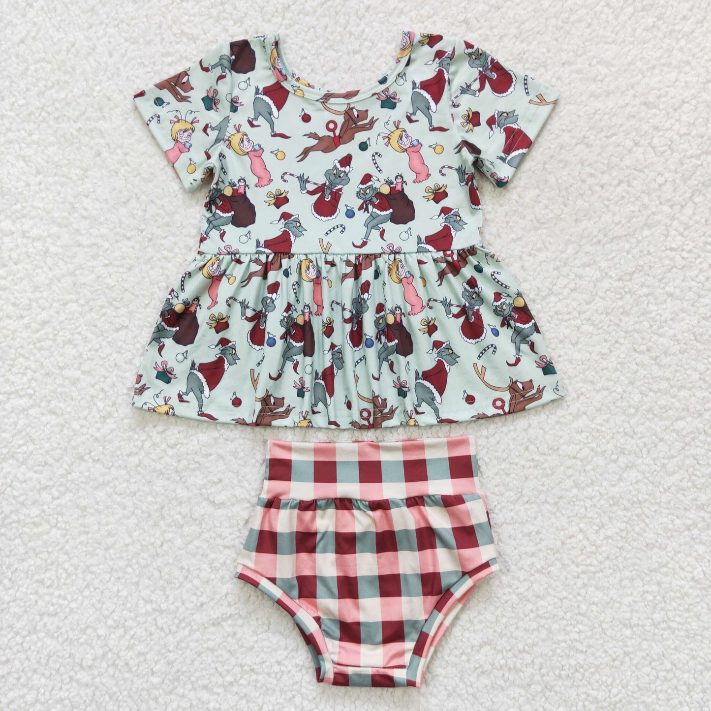 GBO0187 Cartoon  girl green short-sleeved plaid briefs suit