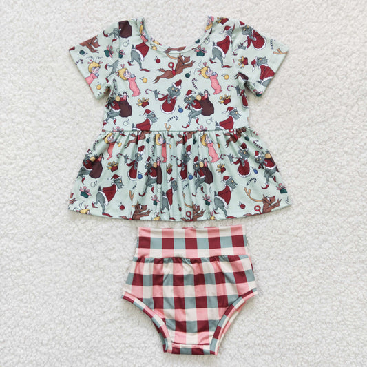 GBO0187 Cartoon  girl green short-sleeved plaid briefs suit