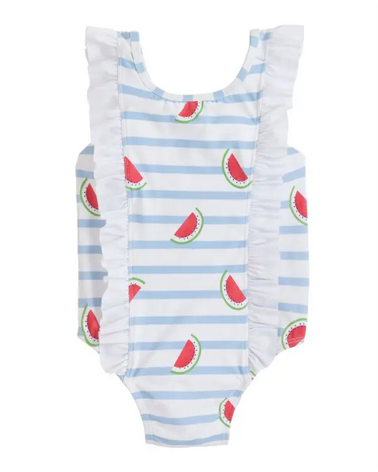 preorder S0421 Watermelon blue striped white lace one-piece swimsuit