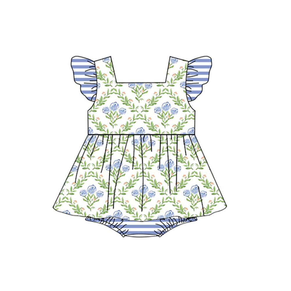 SR1371 Baby Girls Bouquet flowers blue striped flying sleeve vest jumpsuit D 3.31