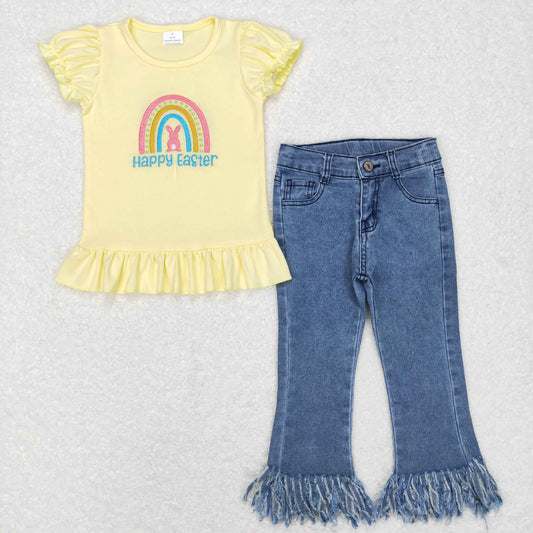GT0392 happy easter embroidered letter bunny rainbow yellow lantern sleeve short sleeve top+B7-13 Bleached fringed jeans