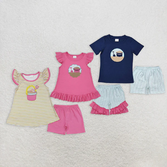 Match Baby Kids Embroidery Beach Shirt Shorts Clothes Sets D 6.13