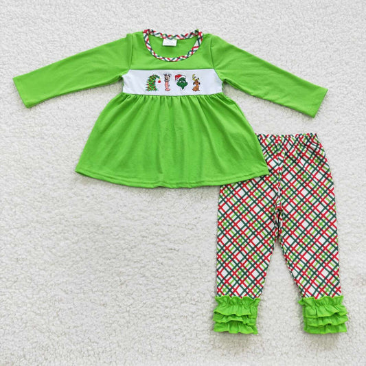 GLP0441 Girls Embroidered Christmas Cartoon Grinch Dog Long Sleeve Plaid Trousers