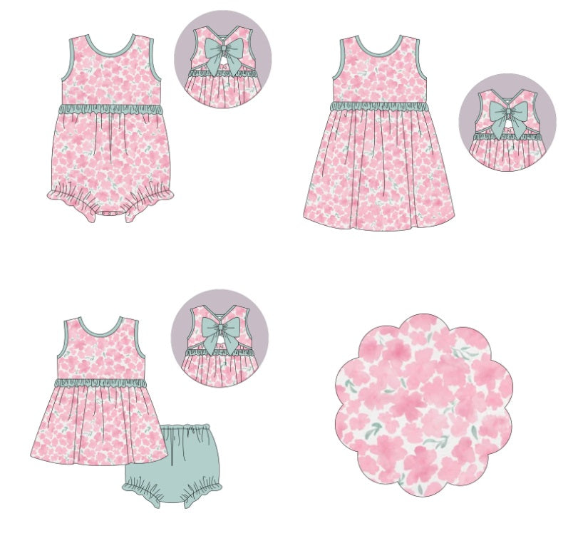 preorder GBO0334 Pink floral pattern bow sleeveless teal briefs set