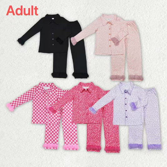 Adult Women 5 Colors Button Up Top Pants Fur Pajamas D 920